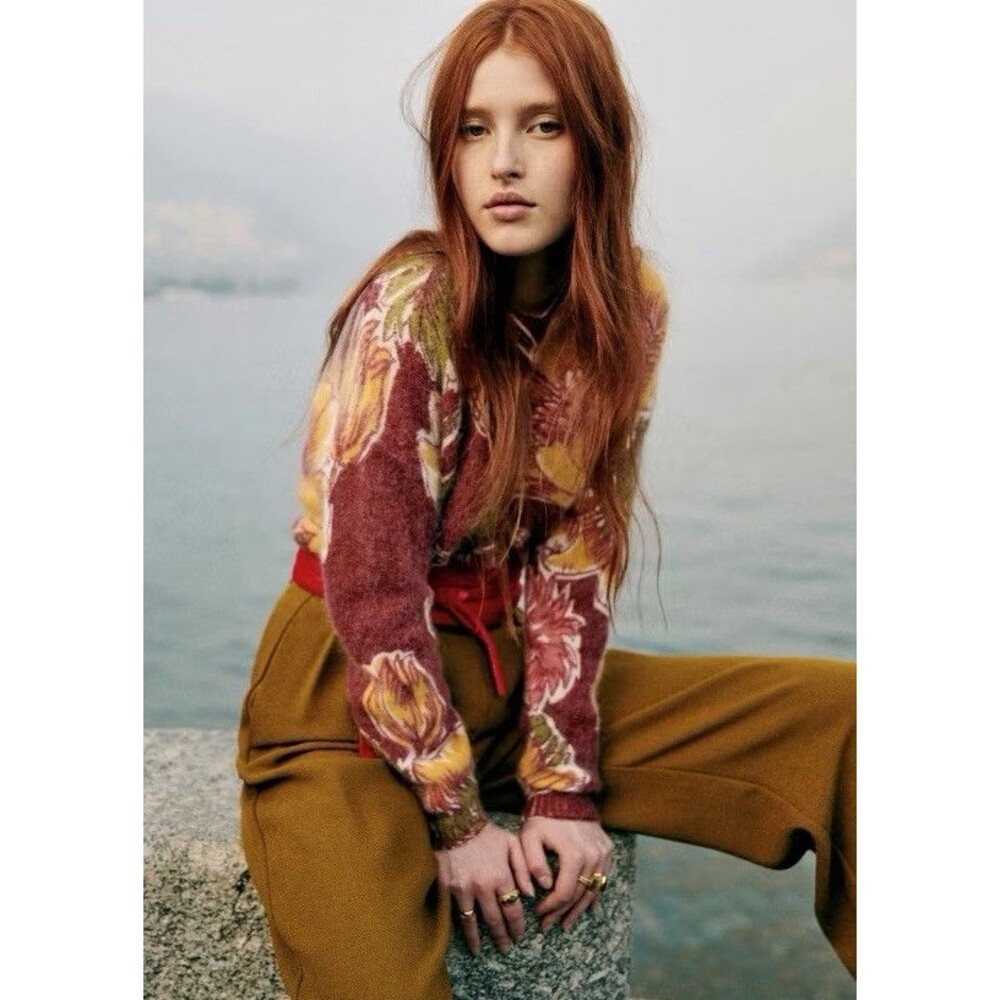 Sézane Red Floral Wool Mohair Sweater L/XL (No Tag) Oversized Knit 23” P2P EUC!